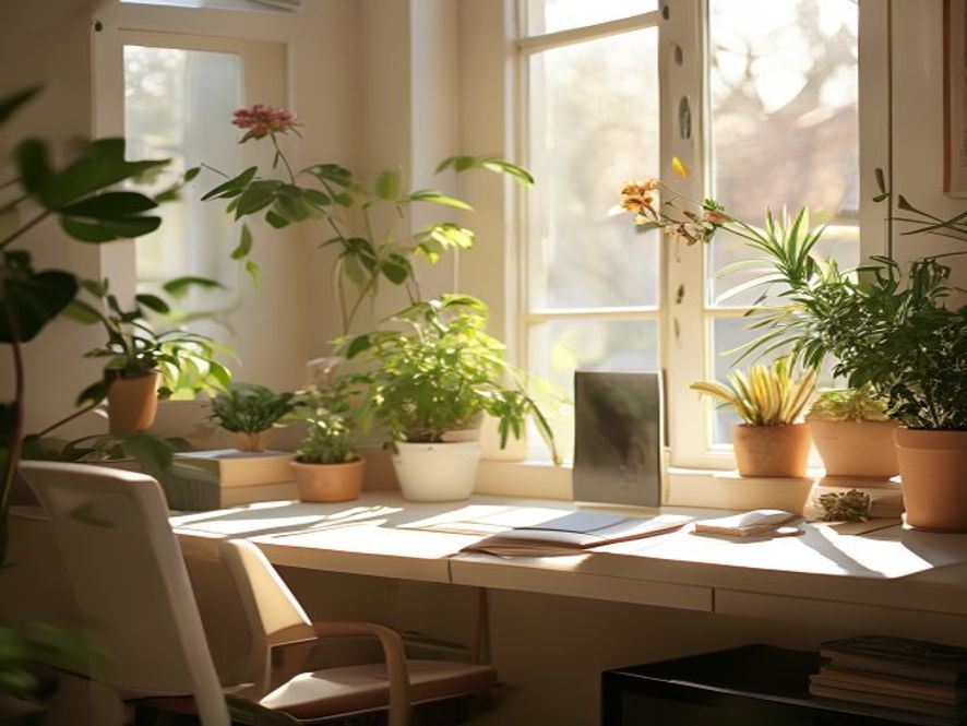 Our coaching philosophy in practice Workspace with natural light, plants, and a peaceful morning setup